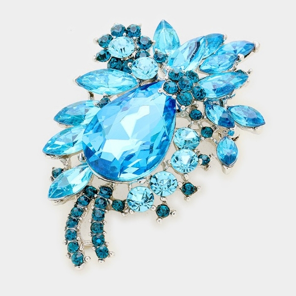 Blue Aqua Flower Teardrop Crystal Brooch Pin Glass Statement Accessory Pendant - Picture 1 of 2